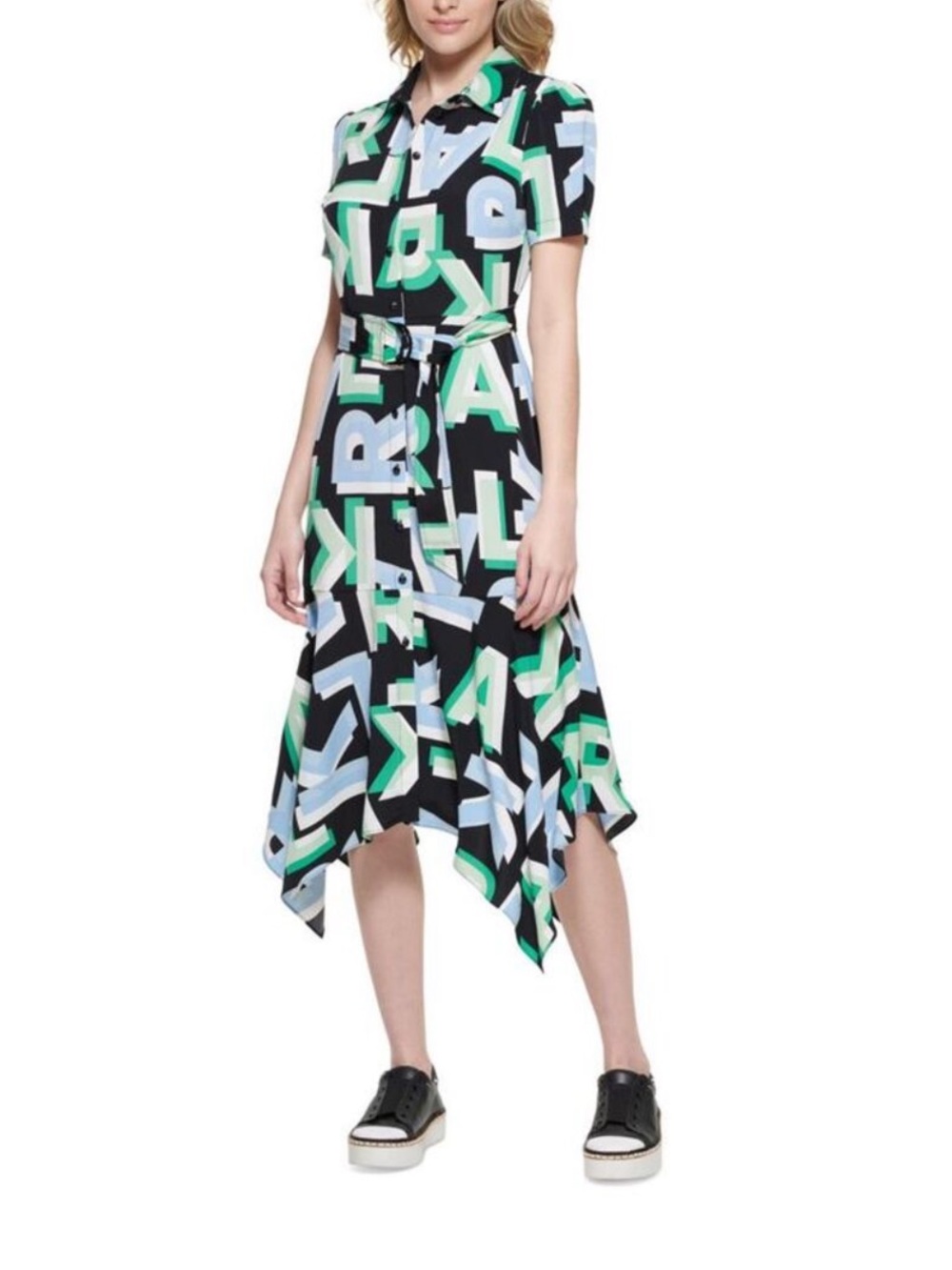 NWT Karl Lagerfeld Crepe Dress with Green & Light Blue Geometric Print